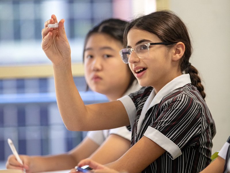 Student raising their hand during class.