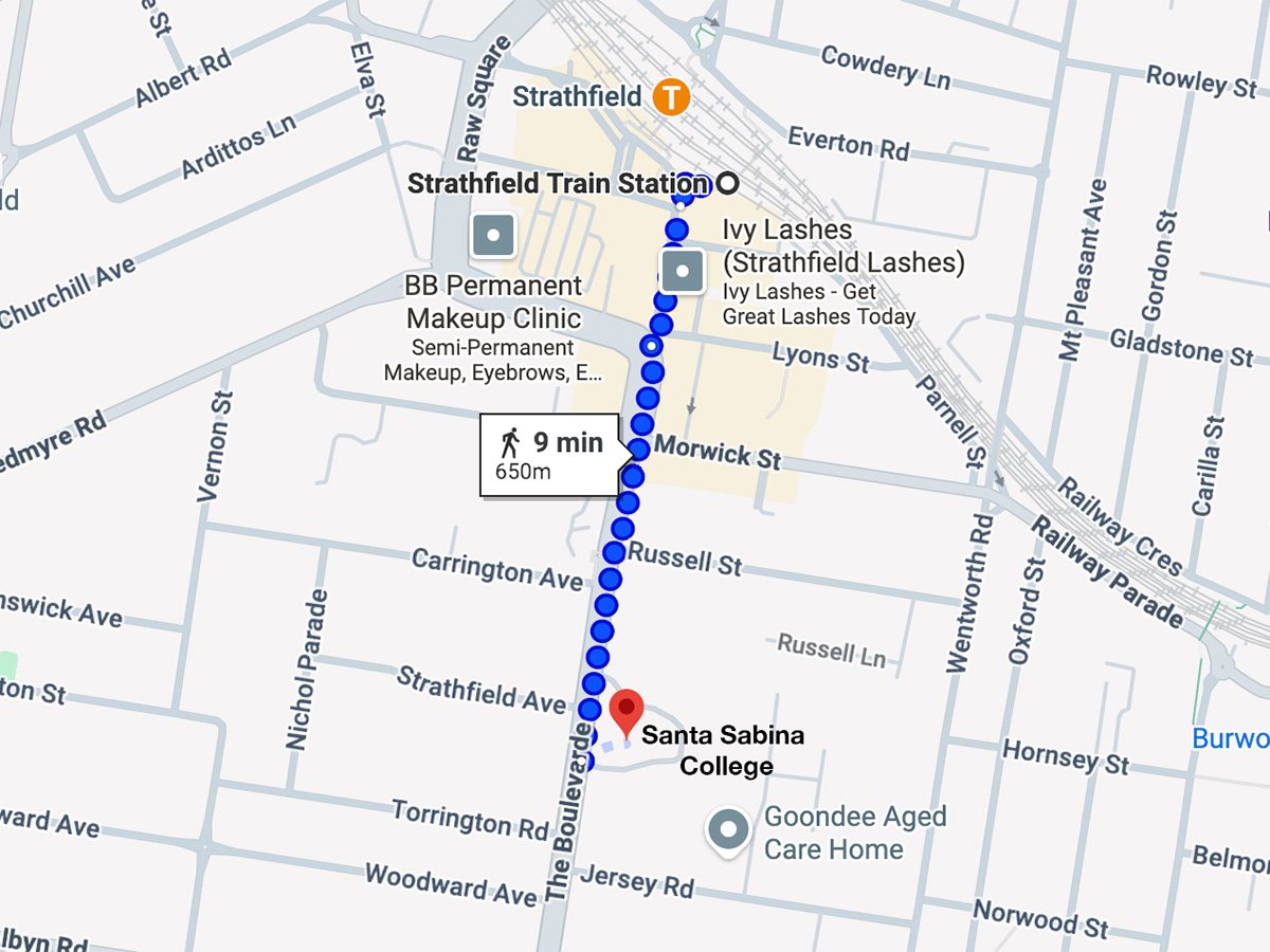 Map of walk from Strathfield Train Station to Santa Sabina College