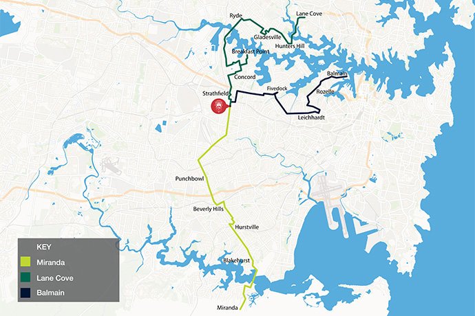 Map of private bus routes to Santa Sabina College