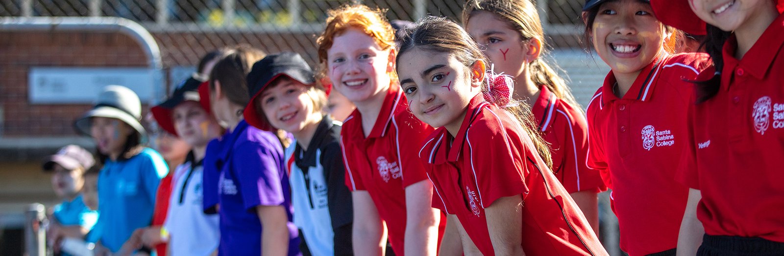 A group of students smiling, wearing house colours for a sports event.