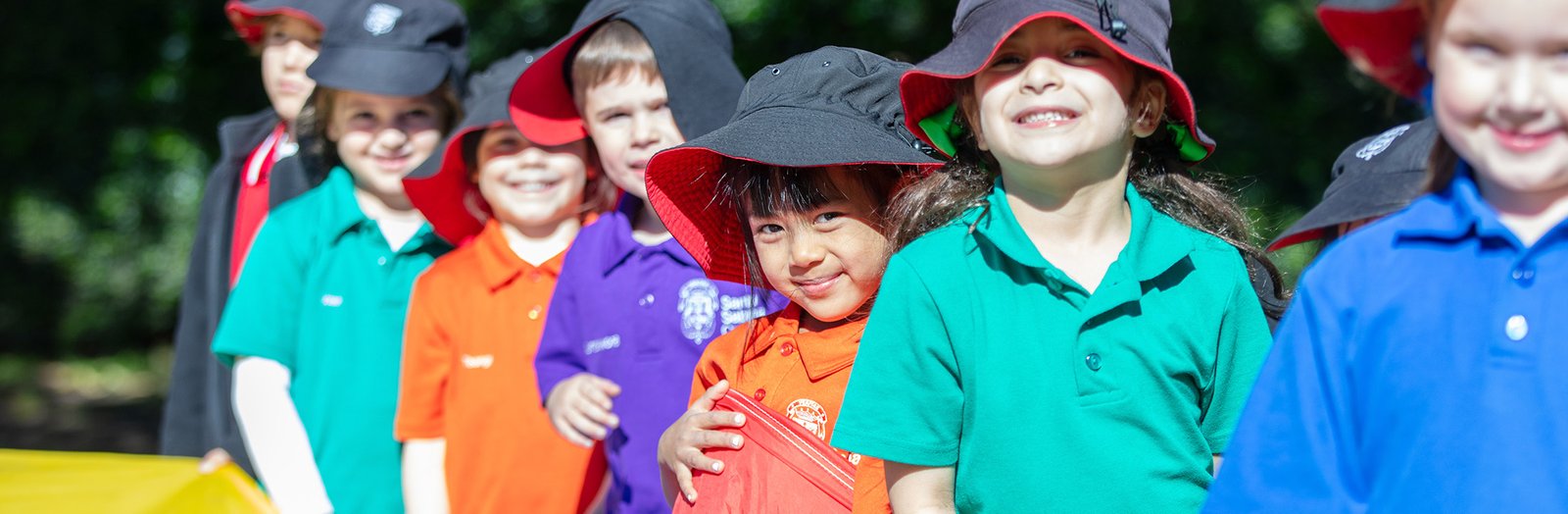 Students lined up, smiling and wearing house colours for sport.