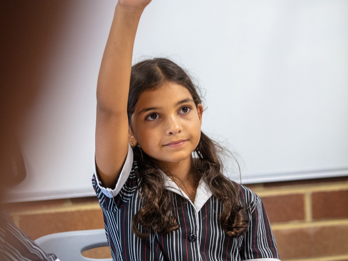 Student in class with their hand raised.