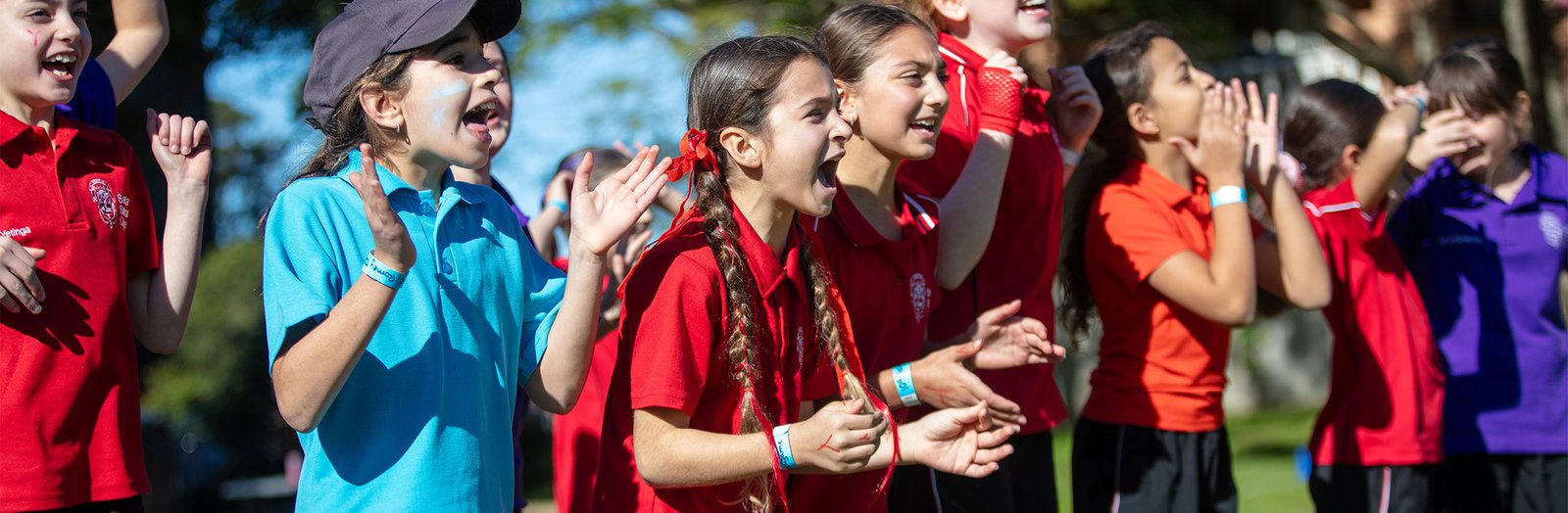 Group of primary students dressed in house colours, cheering at a sports event.